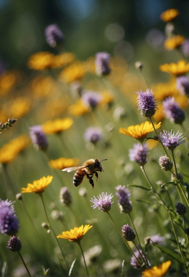 A bee industriously collecting nectar from a vibrant flower, its wings a blur of motion.