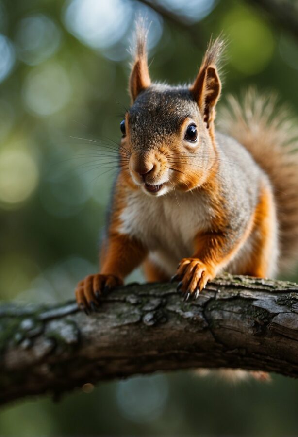 A cheeky squirrel perched on a tree branch, holding a nut in its paws and looking mischievously at the camera.