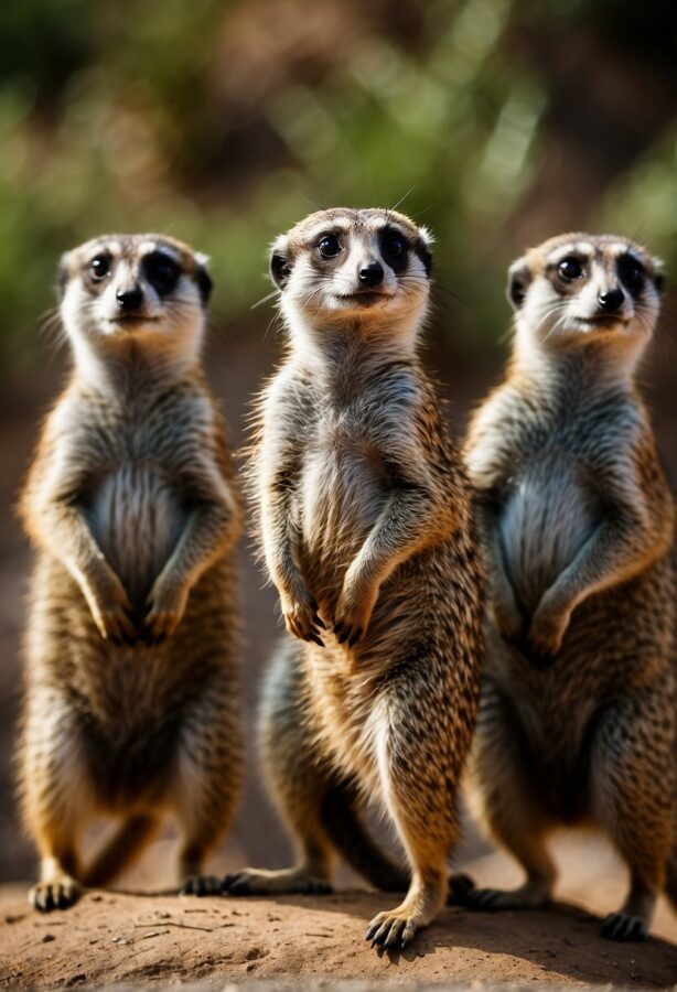 A curious meerkat standing upright on its hind legs, its small, alert eyes scanning the surroundings.