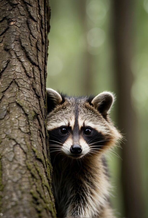 A raccoon with bright, inquisitive eyes, peering intently from behind a tree in a lush forest.