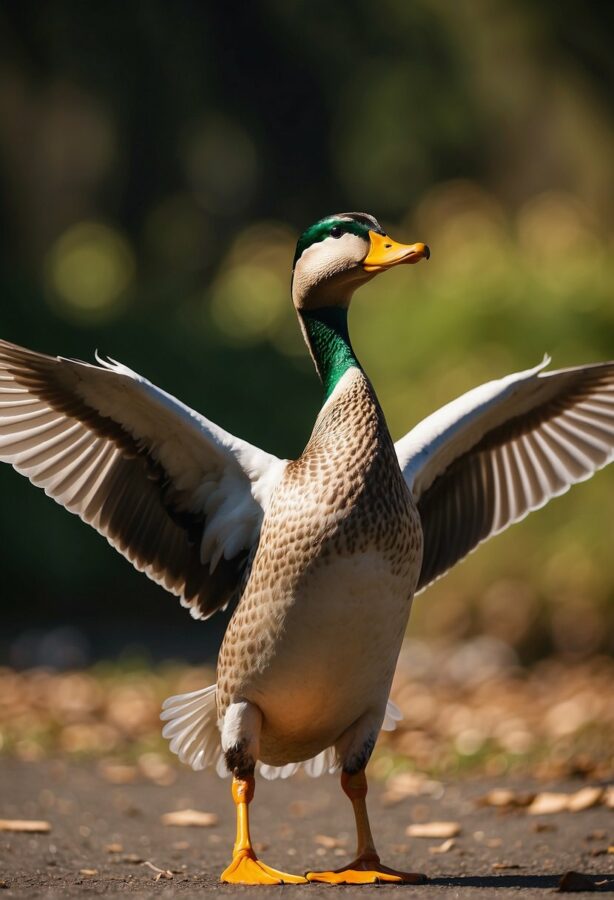 A joyful duck captured mid-twirl, with wings spread out as if in a dance, against a backdrop of a serene pond.