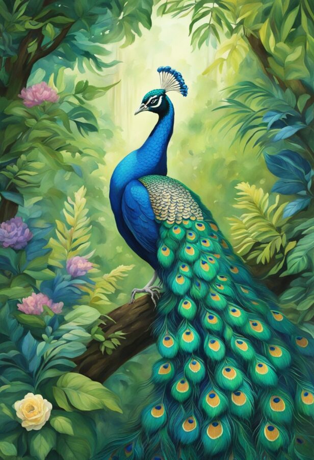 A painting portraying a vibrant peacock with its feathers fully displayed in an elaborate dance, set against a backdrop of lush foliage.