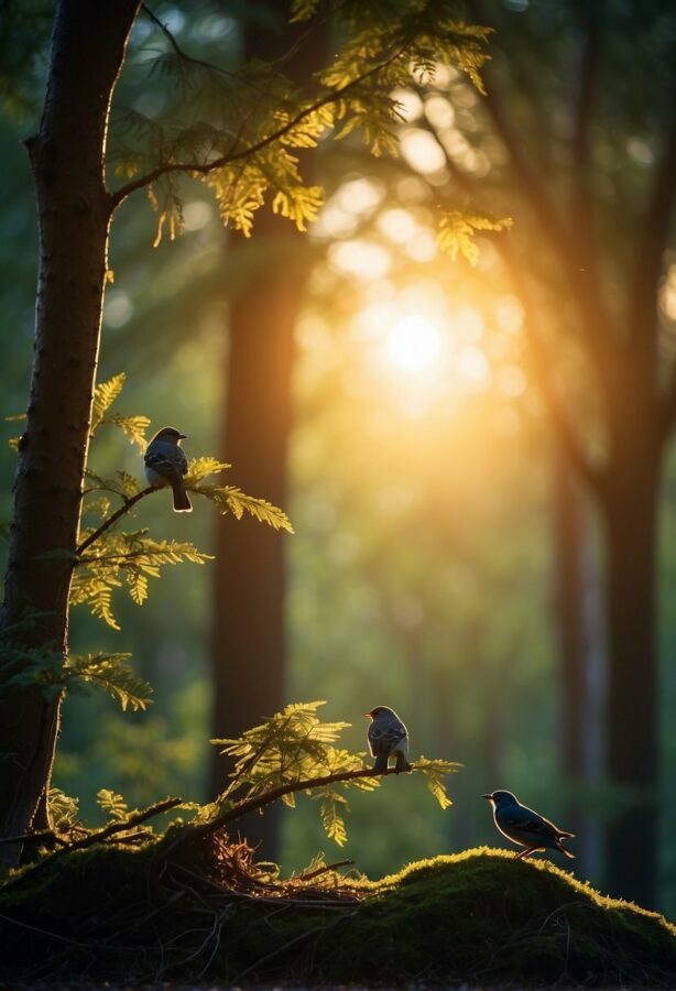 A serene dawn scene with the sun rising above a tranquil landscape, accompanied by the silhouette of birds perched on branches, singing their morning melodies.
