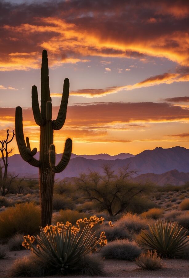 A stunning desert landscape at sunset, with warm orange and pink hues painting the sky above rolling sand dunes and distant silhouettes of desert vegetation.