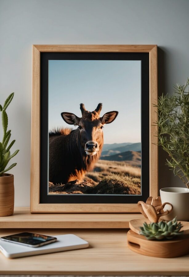 A serene picture of a cow, its gentle gaze captured within a frame that sits perfectly on a desk, adding a touch of pastoral calm.