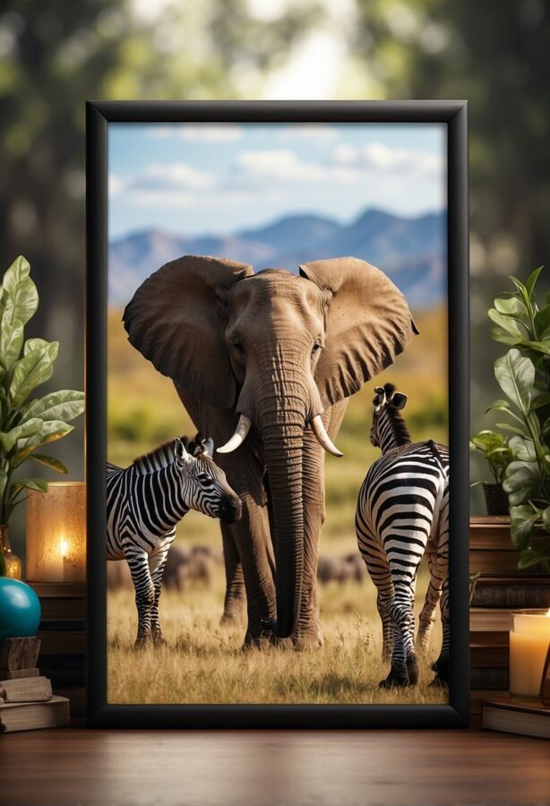 An elephant and zebra together in one frame, their contrasting patterns creating a captivating visual blend of textures and forms.