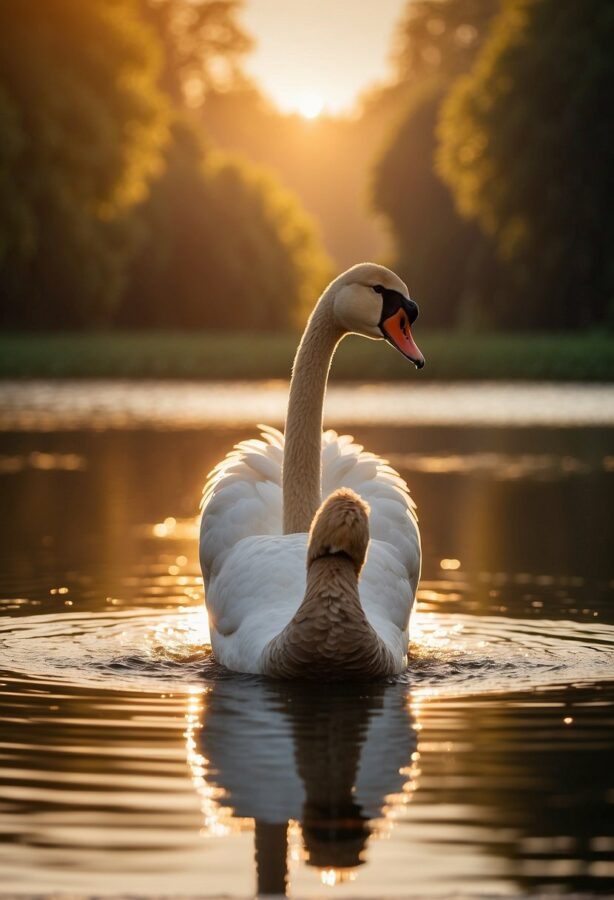An elegant swan gliding smoothly on a crystal clear lake, its reflection mirroring its grace.