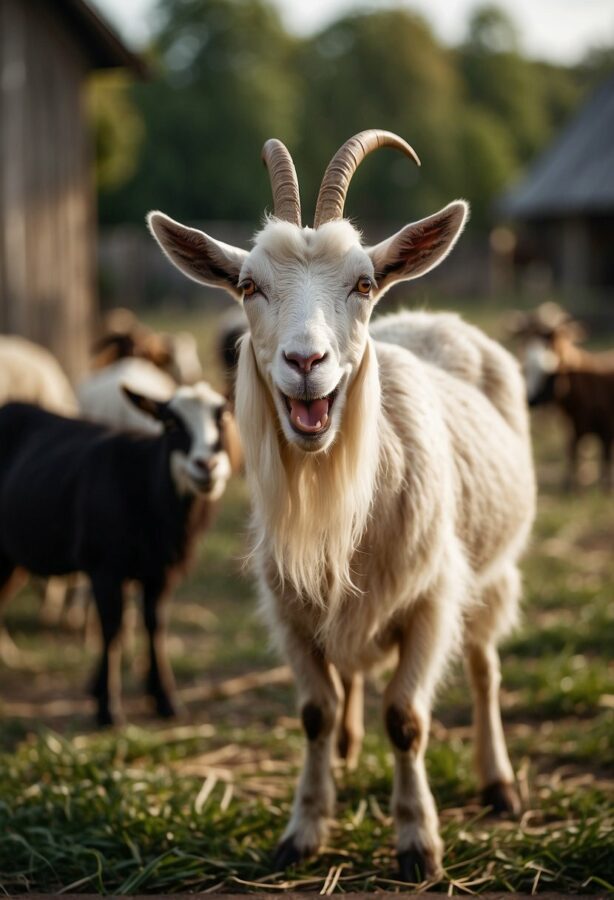 A goat with a cheeky expression, head tilted back as if in mid-giggle, amidst a rustic farm setting.