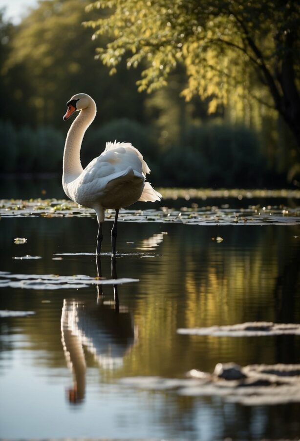A graceful swan gliding serenely across a calm lake, its elegant neck curved gracefully and reflected in the tranquil water.