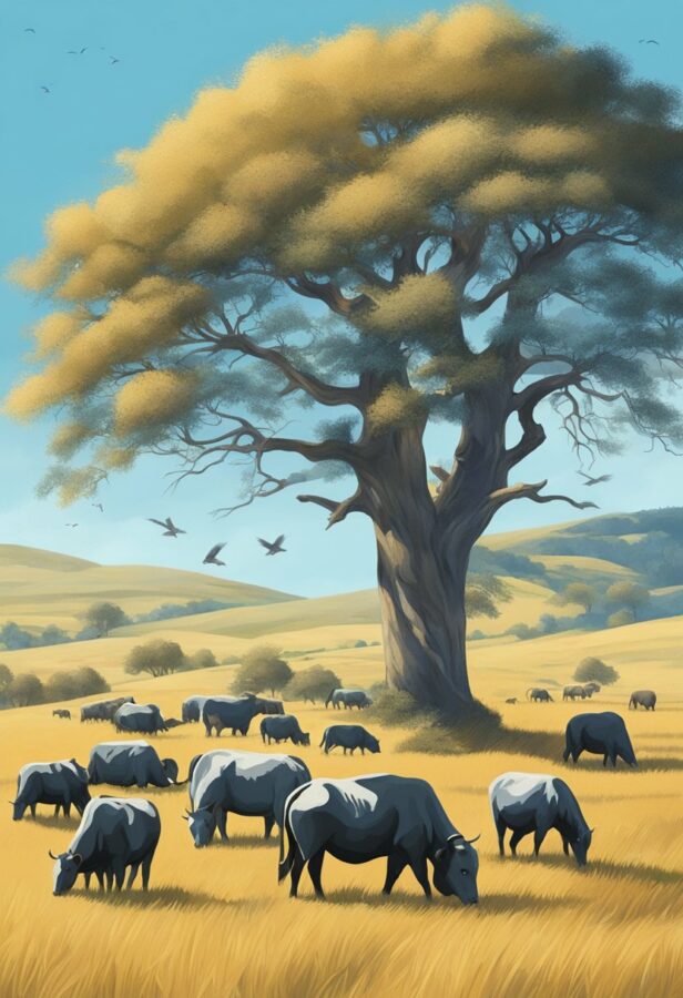 A painting depicting a peaceful scene of a grazing herd of animals, including deer, antelopes, and zebras, in a lush grassland.