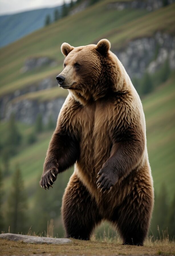 An imposing bear standing on its hind legs, towering against a backdrop of forest trees, its fur thick and formidable.