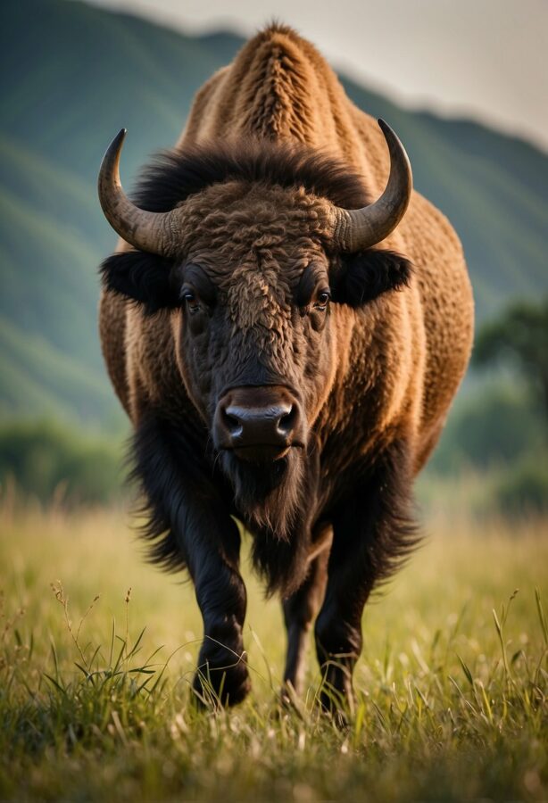 An imposing Indian bison, also known as gaur, stands its ground in a grassy field, its muscular build and horns indicative of its strength.