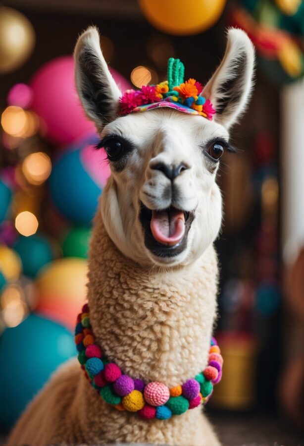A llama with a wide, open-mouthed grin, standing in a lush field, looking directly at the viewer.