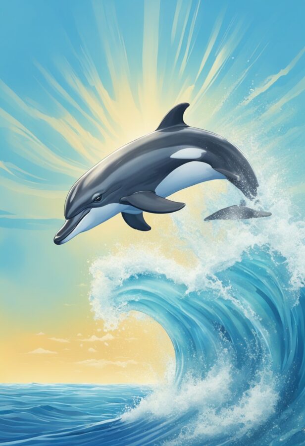 A painting capturing the dynamic motion of a leaping dolphin, its sleek body arcing gracefully above the waves, with splashes of water trailing behind.