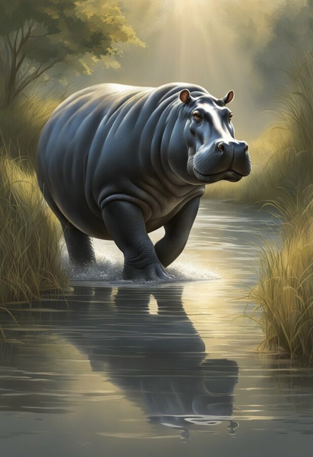 A painting depicting a lumbering hippo emerging from tranquil waters, its massive body partially submerged, with ripples forming around it.