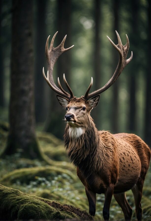 A regal stag with a magnificent antler crown, standing majestically in a misty forest clearing at dawn.