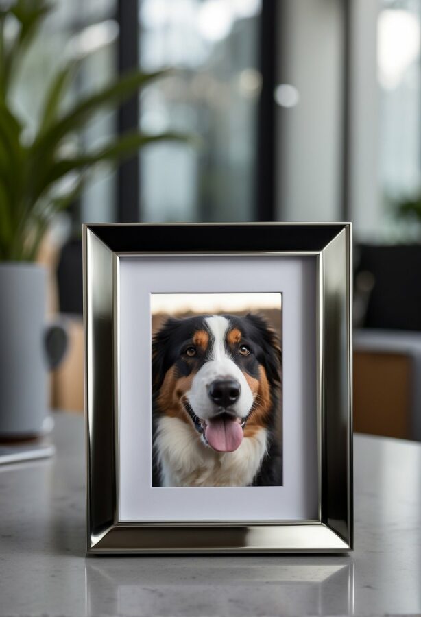 A sleek, contemporary photograph of a dog, its confident stance set against a minimalist background, framed in a stylish modern frame.