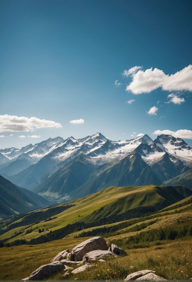 A majestic mountain range with snow-capped peaks, stretching into the distance under a clear blue sky.