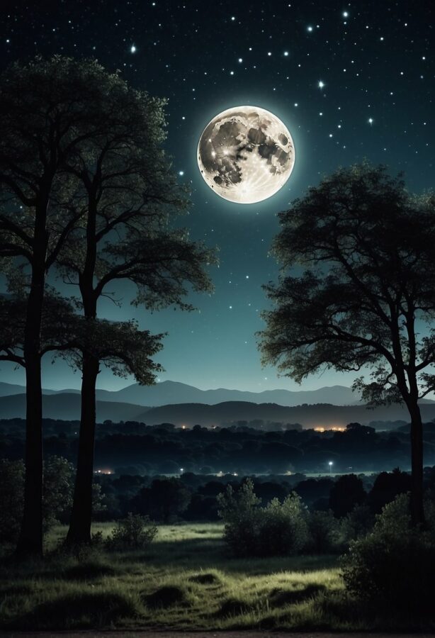 A breathtaking view of the night sky vista, with stars twinkling brightly against a dark expanse, and a silhouette of mountains or trees in the foreground.