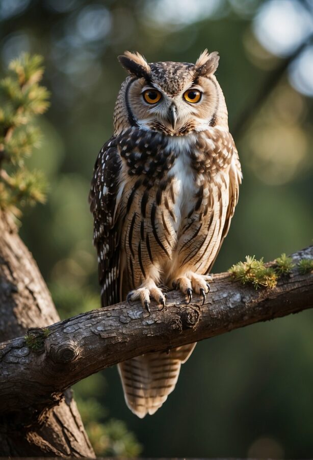 An observant owl perched on a tree branch, its large round eyes focused intently on something in the distance.