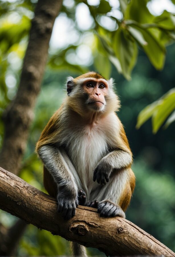 A contemplative monkey sitting on a tree branch, its eyes gazing thoughtfully into the distance.
