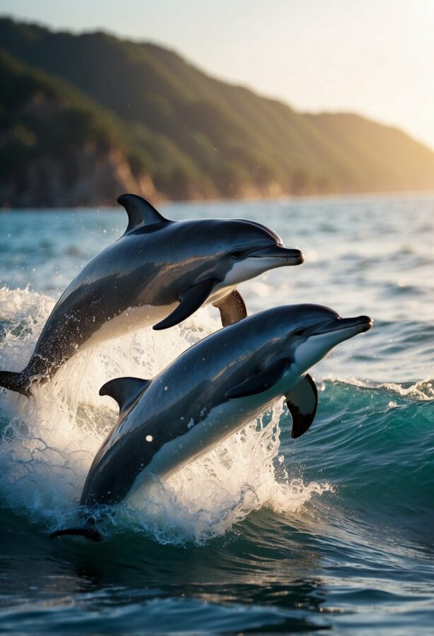 A playful dolphin leaping gracefully out of the water, captured mid-air against a backdrop of ocean waves.