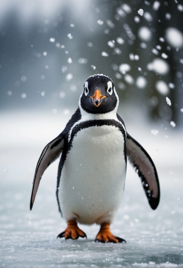 A playful penguin sliding joyfully on the ice, its flippers outstretched as it enjoys the chilly landscape.