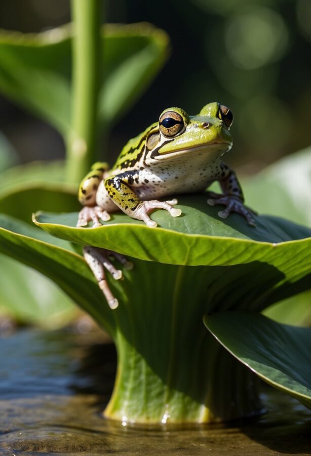 A poised frog perched on a lily pad in a pond, its vibrant green body contrasting with the calm water.