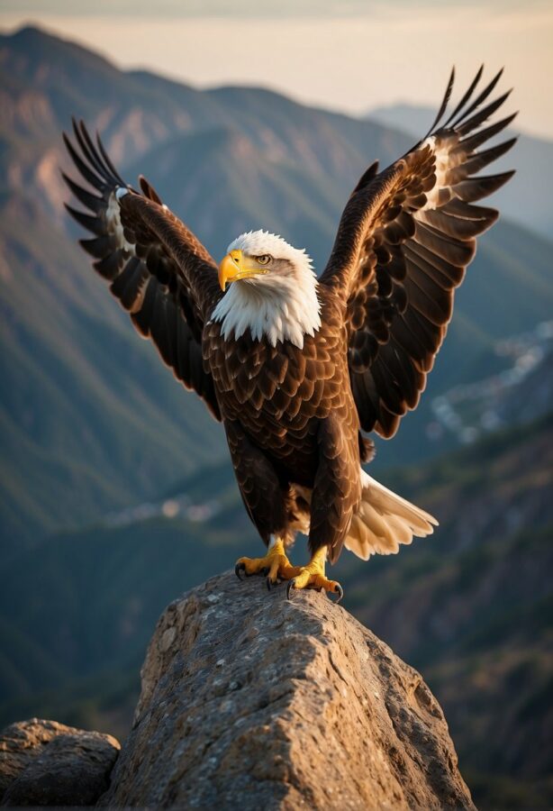 A majestic eagle with outstretched wings, soaring high in the sky against a backdrop of clouds.