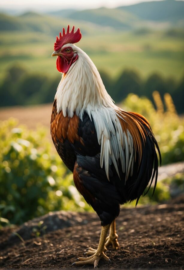 A proud rooster standing tall on a farmyard fence, its vibrant feathers catching the morning light.