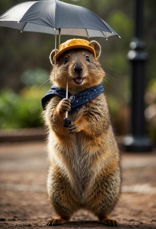 A quokka standing on its hind legs, grinning widely with a backdrop of dense foliage, embodying quirkiness.