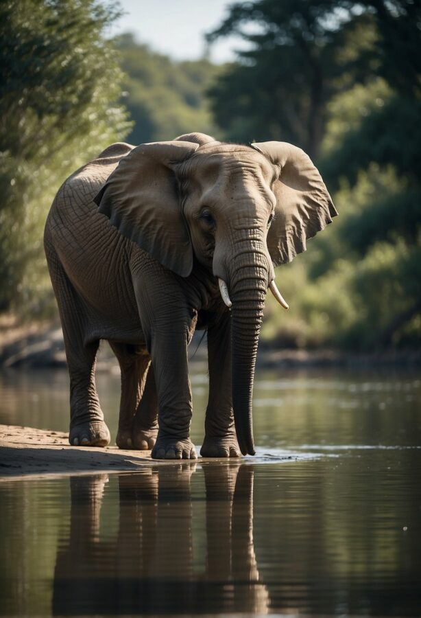 A reflective elephant standing near a body of water, its trunk curled upwards, seemingly lost in thought.