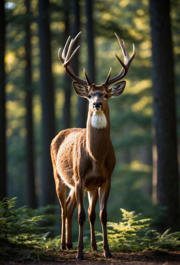 A regal deer with majestic antlers, standing proudly in a forest clearing, its head held high.