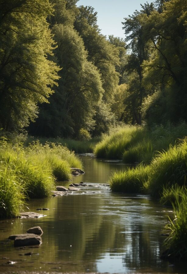 A tranquil riverbank lined with lush green vegetation, with clear water gently flowing past rocky banks.