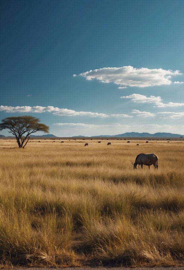 A vast expanse of golden grasslands stretching to the horizon under a clear blue sky, with scattered acacia trees dotting the landscape.