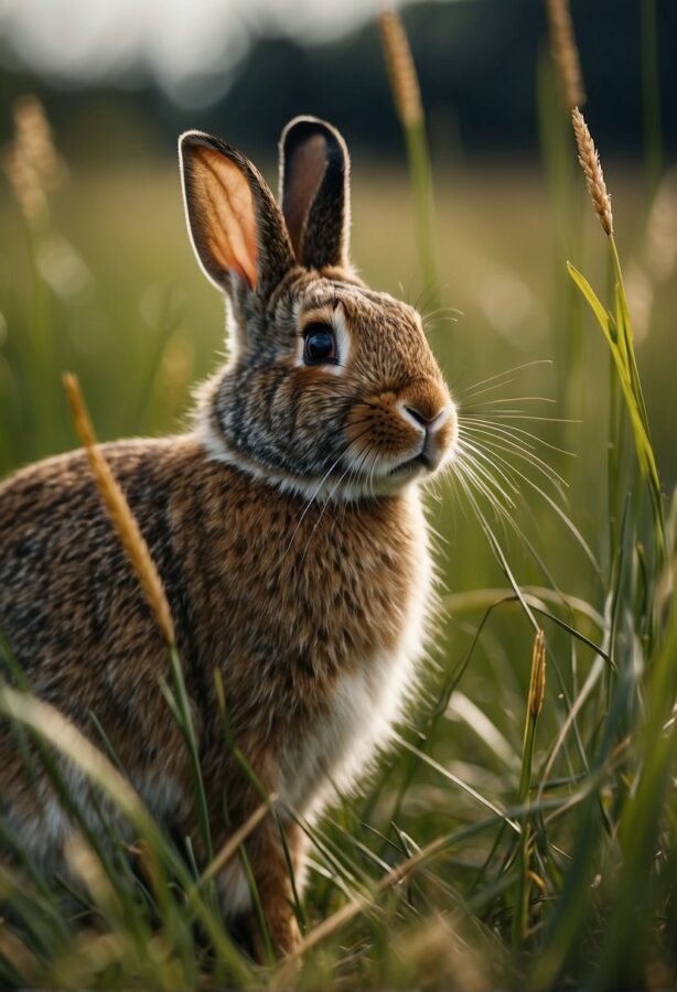 A rabbit darting across a meadow, its legs a blur as it swiftly navigates through the grass.