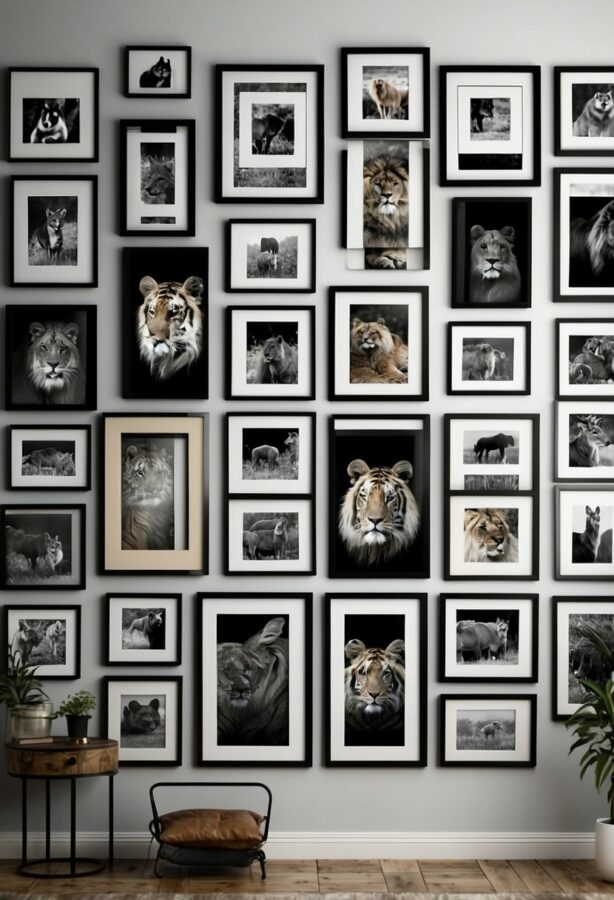 A comprehensive collection of a dozen animals, each portraying unique expressions and postures, assembled together to make a bold statement wall.