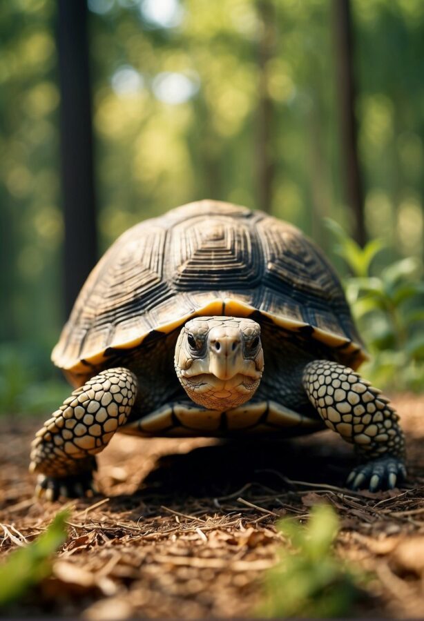 A sturdy tortoise slowly traversing a grassy field, its solid shell a testament to its resilience.