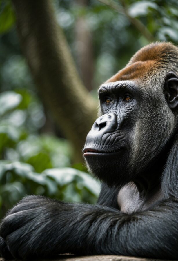A pensive gorilla, sitting with its back against a tree, deep in contemplation, its expressive eyes conveying wisdom and introspection.