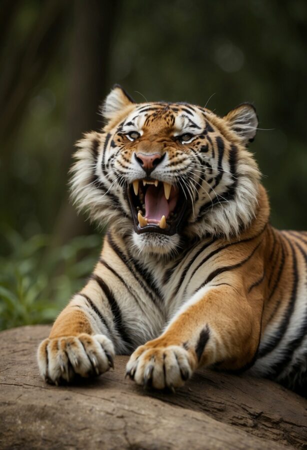 A tiger lying back on its haunches, mouth open in a silent laugh, surrounded by autumn leaves.