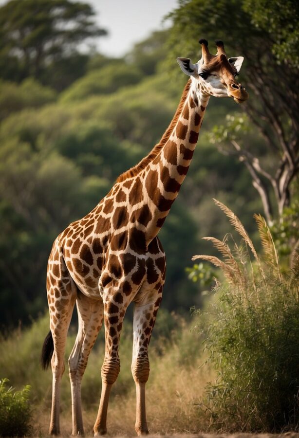 A towering giraffe reaching up to nibble on the leaves of a tall acacia tree, set against a bright blue sky.