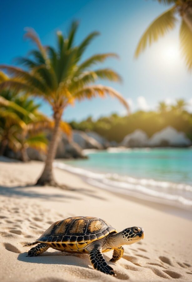 Wildlife Background: A tropical beach with golden sand, palm trees swaying in the breeze, and crystal-clear turquoise waters stretching to the horizon.
