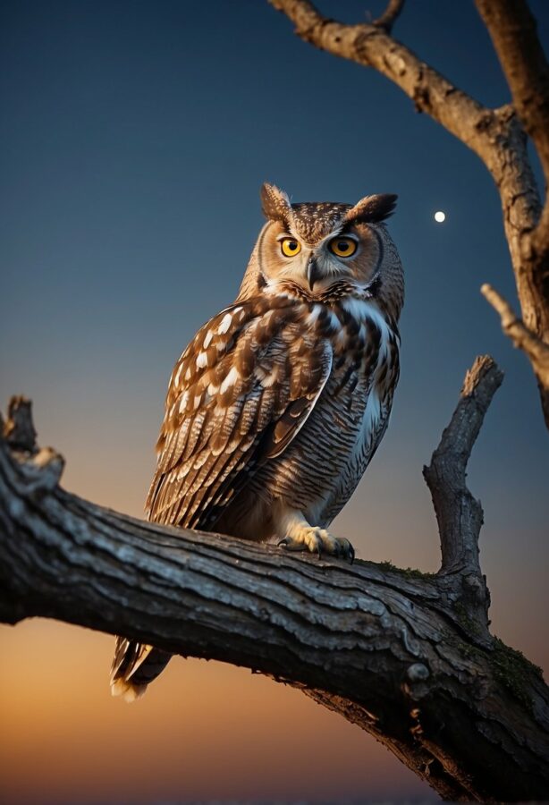 Wildlife Drawings Easy: An old owl perched solemnly on a gnarled branch, its wise gaze penetrating the twilight.