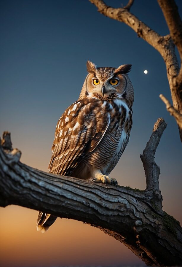Wildlife Drawings Easy: An old owl perched solemnly on a gnarled branch, its wise gaze penetrating the twilight.