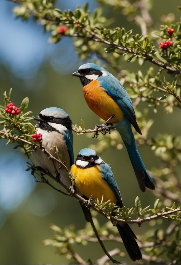 Three colorful birds perched on a branch adorned with bright red berries, set against a clear blue sky.
