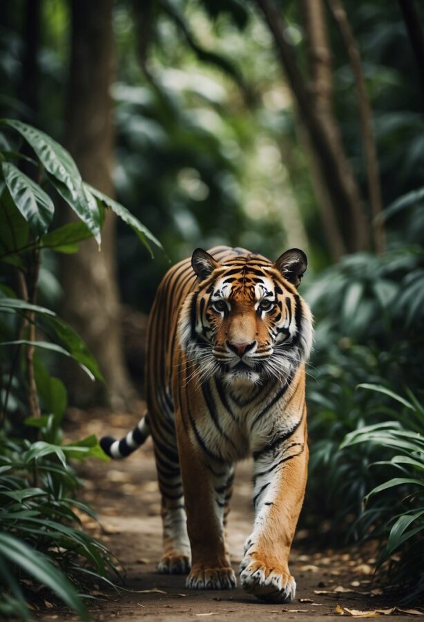 A Bengal tiger stepping forward in a dense jungle setting, with sunlight filtering through the canopy.