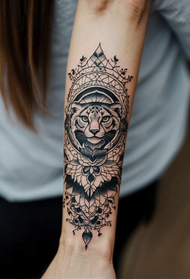 Wildlife Tattoo Women: A tiger tattoo adorns the forearm of a woman, its fierce gaze and vibrant colors commanding attention against her skin.