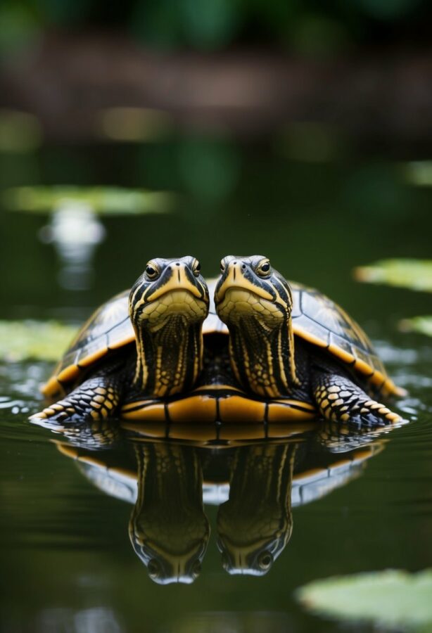 A two-headed turtle swimming in a pond, with its two heads both poking out of the water, each one looking in a different direction