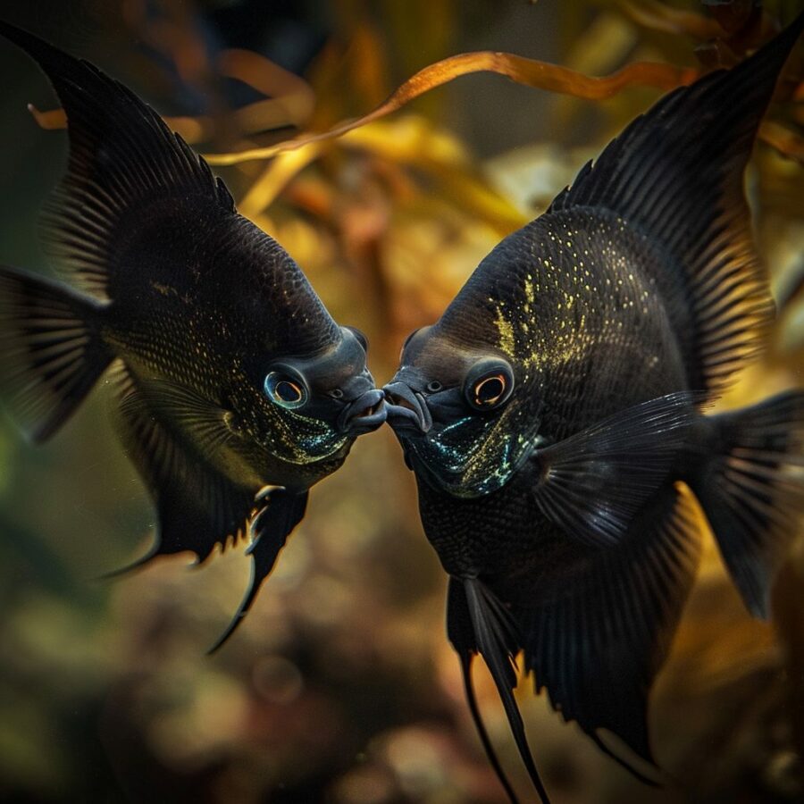 Black angelfish breeding process in aquarium.