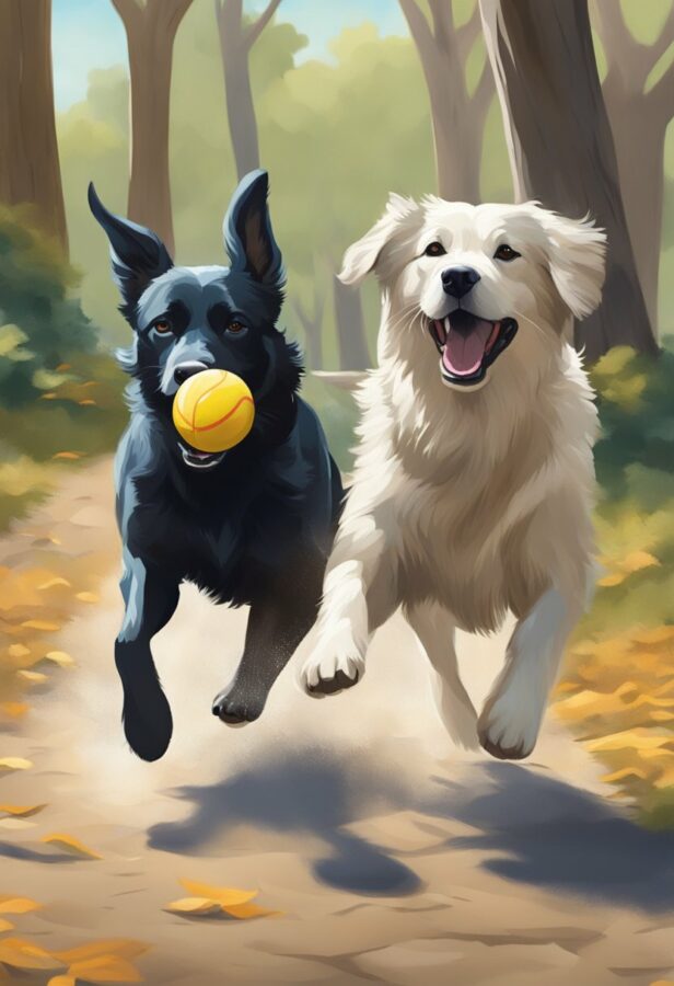 A lively digital painting shows two dogs in mid-play, one black and one white
